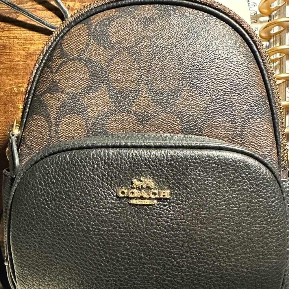 Coach Brown Signature with Black Pebbled Leather Mini Backpack